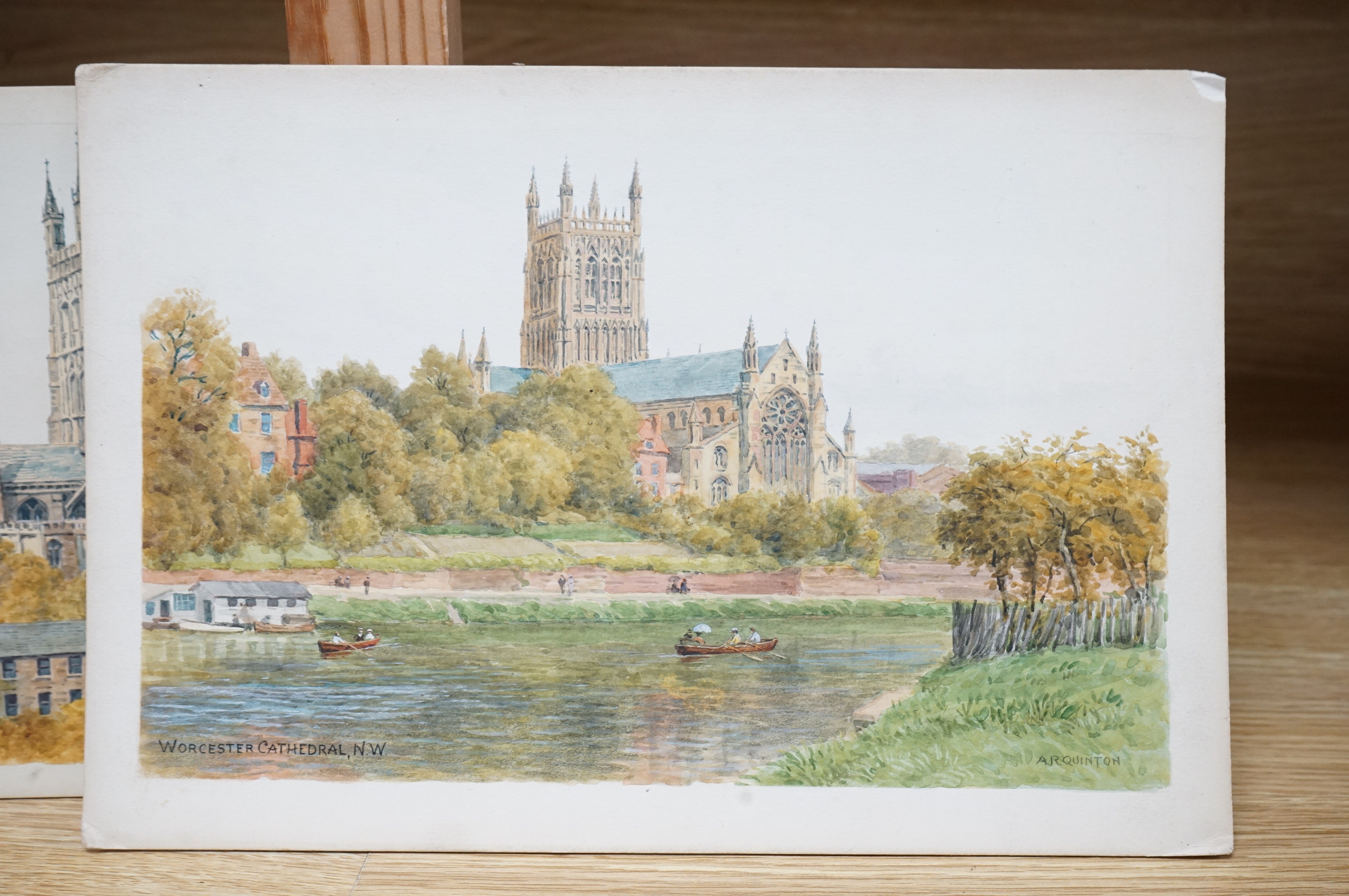 Alfred Robert Quinton (1853-1934), two watercolours for postcard designs of Gloucester Cathedral and Worcester Cathedral, one signed, one initialled, 18 x 28cm, unframed. Condition - fair, minor discolouration